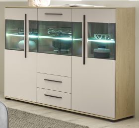 Highboard Design-D in Kaschmir und Cremona Eiche Vitrine 160 x 126 cm, mit Soft-Close