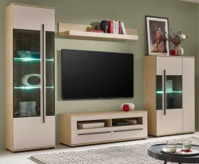 Wohnwand Design-D in Kaschmir und Cremona Eiche Wohnkombination Set 4-teilig 310 cm, mit Soft-Close