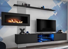 Wohnwand Special in schwarz und perlgau, Schrankwand hängend mit Ethanol Kamin und LED, 250 x 170 cm Wohnwand Special in schwarz und perlgau, Schrankwand hängend mit Ethanol Kamin und LED, 250 x 170 cm