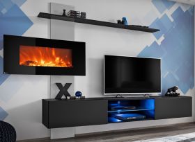 Wohnwand Special in schwarz und perlgau, Schrankwand hängend mit Elektrokamin und LED, 250 x 170 cm Wohnwand Special in schwarz und perlgau, Schrankwand hängend mit Elektrokamin und LED, 250 x 170 cm
