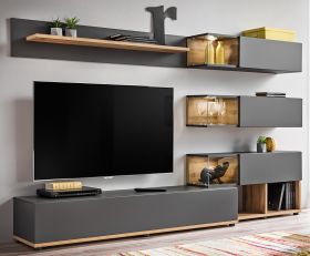 Wohnwand Lester-1 in Anthrazit und Wotan Eiche Schrankwand mit LED, Push-to-Open, 240 x 150 cm