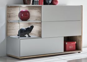Sideboard Lester-1 in perlgrau und Wellington Eiche Kommode mit LED, Push-to-Open, 120 x 77 cm