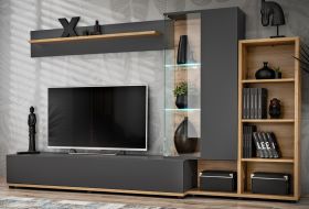 Wohnwand Lester in anthrazit und Wotan Eiche Schrankwand mit LED und Push-to-Open, 240 x 145 cm Wohnwand Lester in anthrazit und Wotan Eiche Schrankwand mit LED und Push-to-Open, 240 x 145 cm