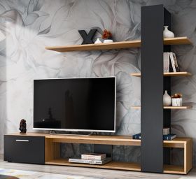 Wohnwand Upgrade in schwarz und Wotan Eiche Schrankwand 2-teilig 190 x 152 cm