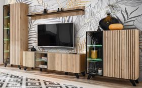 Wohnwand Lines in Hickory Eiche und schwarz Schrankwand 4-teilig mit LED und Push-to-Open, 340 x 192 cm