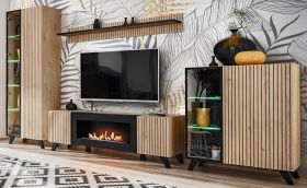 Wohnwand Lines in Hickory Eiche und schwarz Schrankwand 4-teilig mit Ethanol Kamin und LED, 340 x 192 cm