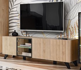 TV-Lowboard Lines in Hickory Eiche und schwarz TV-M�bel mit LED und Push-to-Open, 160 x 52 cm
