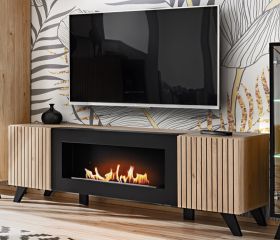 TV-Lowboard Lines in Hickory Eiche und schwarz TV-M�bel mit Ethanol Kamin, 160 x 52 cm