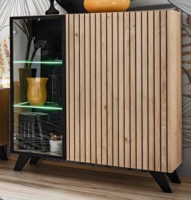 Vitrinenschrank Lines in Hickory Eiche und schwarz Glasvitrine mit LED und Push-to-Open, 90 x 192 cm