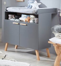 Babyzimmer Wickelkommode Svea in grau matt mit Buche massiv Babym�bel Wickeltisch 96 x 105 cm