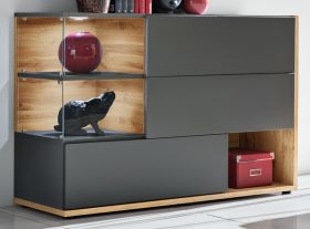 Sideboard Lester in Grau / Anthrazit und Wotan Eiche Kommode mit LED, Push-to-Open, 120 x 77 cm
