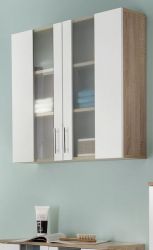 Badezimmer Hängeschrank Porto in weiß und Eiche sägerau hell mit satiniertem Glas Badschrank 65 x 70 cm