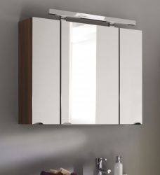 Badezimmer Spiegelschrank Laonda in Walnuss Dekor inkl. LED Badschrank 3-türig 90 x 68 cm
