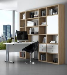 Bürowand/Sektretär mit Einbauschreibtisch Eiche Natur mit Lack weiß matt Breite 245 cm