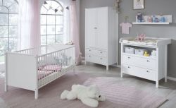 Babyzimmer Set Ole 4-teilig in weiß Landhaus mit Wickelkommode, Babybett, Kleiderschrank und Wandregal