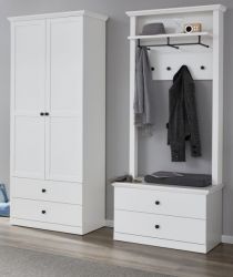 Garderobe Baxter 3-teilig in weiß Landhaus Garderobenset mit Schrank, Paneel und Schuhbank  177 x 196 cm Garderobe Baxter 3-teilig in weiß Landhaus Garderobenset mit Schrank, Paneel und Schuhbank  177 x 196 cm
