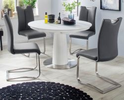 Esstisch Waris in matt weiß echt Lack Säulentisch rund mit Synchronauszug ausziehbar 120 / 160 cm Durchmesser Esstisch Waris in matt weiß echt Lack Säulentisch rund mit Synchronauszug ausziehbar 120 / 160 cm Durchmesser