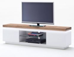 TV-Lowboard Romina in matt weiß echt Lack mit Eiche massiv Fernsehtisch inkl. dimmbarer LED Beleuchtung 175 x 49 cm