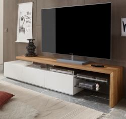 TV-Lowboard Alimos in Asteiche massiv geölt und matt weiß Lack Fernsehtisch 204 x 44 cm