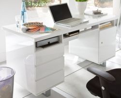 Schreibtisch Sydney in weiß Hochglanz lackiert Laptoptisch mit Schubkästen für Homeoffice und Büro 140 x 60 cm
