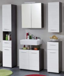 Badezimmer Badmöbel Set Line  in weiß Hochglanz und Sardegna grau Rauchsilber 5-teilig 150 x 182 cm Badezimmer Badmöbel Set Line  in weiß Hochglanz und Sardegna grau Rauchsilber 5-teilig 150 x 182 cm
