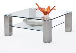 Couchtisch Asta mit Glastischplatte und Edelstahl Wohnzimmertisch mit Ablage quadratisch 90 x 90 cm