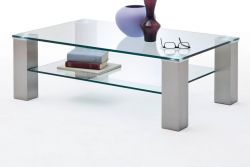 Couchtisch Asta mit Glastischplatte und Edelstahl Wohnzimmertisch mit Ablage rechteckig 110 x 70 cm