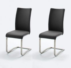 2 x Stuhl Arco in Schwarz Leder und Edelstahl Freischwinger Flachrohr Esszimmerstuhl 2er Set
