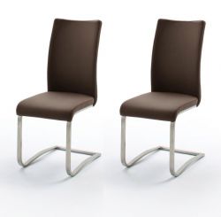 2 x Stuhl Arco in Braun Leder und Edelstahl Freischwinger Flachrohr Esszimmerstuhl 2er Set