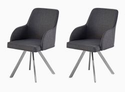 2 x Stuhl Elara in Grau Feingewebe und Edelstahl 4-Fuß drehbar Ovalrohr Esszimmerstuhl 2er Set mit Armlehne