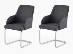 2 x Stuhl Elara in Grau Feingewebe und Edelstahl Freischwinger Rundrohr Esszimmerstuhl 2er Set mit Armlehne