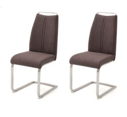 2 x Stuhl Giulia in Braun Leder und Edelstahl Freischwinger mit Griffleiste Flachrohr Esszimmerstuhl 2er Set