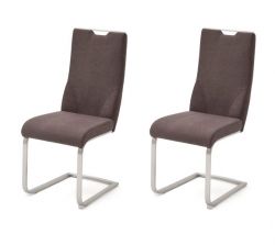 2 x Stuhl Giulia in Braun Feingewebe und Edelstahl Freischwinger mit Griffloch Flachrohr Esszimmerstuhl 2er Set