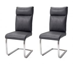 2 x Stuhl Rabea in Grau Vintage Lederlook und Edelstahl Freischwinger mit Griff hinten Esszimmerstuhl 2er Set