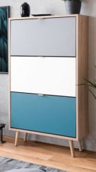 Schuhschrank Colory in Sonoma Eiche hell mit Petrol, Wei und Grau skandinavischer Schuhkipper Tricolor 70 x 125 cm