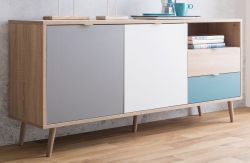 Sideboard Colory in Sonoma Eiche hell mit Petrol, Weiß und Grau skandinavische Kommode Tricolor 150 x 71 cm Sideboard Colory in Sonoma Eiche hell mit Petrol, Weiß und Grau skandinavische Kommode Tricolor 150 x 71 cm