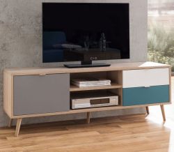 TV-Lowboard Colory in Sonoma Eiche hell mit Petrol, Weiß und Grau skandinavischer Fernsehtisch Tricolor 150 x 52 cm TV-Lowboard Colory in Sonoma Eiche hell mit Petrol, Weiß und Grau skandinavischer Fernsehtisch Tricolor 150 x 52 cm