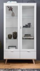 Vitrine Lundby in matt weiß mit Sonoma Eiche massiv Vitrinenschrank skandinavisch 100 x 186 cm Vitrine Lundby in matt weiß mit Sonoma Eiche massiv Vitrinenschrank skandinavisch 100 x 186 cm