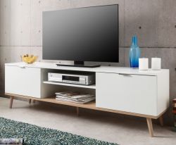 TV-Lowboard Lundby in matt weiß mit Sonoma Eiche massiv Fernsehtisch skandinavisch 160 x 51 cm TV-Unterteil TV-Lowboard Lundby in matt weiß mit Sonoma Eiche massiv Fernsehtisch skandinavisch 160 x 51 cm TV-Unterteil