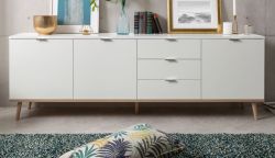 Sideboard Lundby in matt wei� mit Sonoma Eiche massiv Kommode skandinavisch 200 x 68 cm Anrichte
