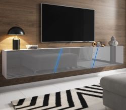 TV Lowboard Space in grau Hochglanz Lack TV Unterteil hängend / stehend XXL-Board 240 cm mit LED