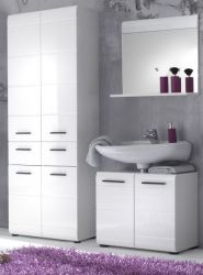 Badmöbel Set Skin 3-teilig weiß Hochglanz 145 x 182 cm mit Hochschrank, Spiegel und Waschbeckenunterschrank