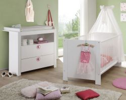 Babyzimmer Olivia in weiß und rosa komplett Set 2-teilig mit Wickelkommode und Babybett