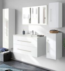 Badezimmer Badmöbel Set Homeline in weiß Hochglanz 6-teilig inkl. Waschbecken und LED 195 x 190 cm