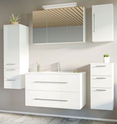 Badezimmer Badmöbel Set Homeline in weiß Hochglanz 7-teilig inkl. Waschbecken und LED 200 x 190 cm