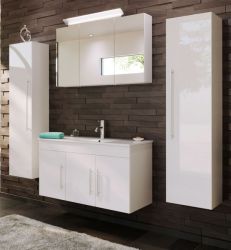 Badezimmer Badmöbel Set Teramo in weiß Hochglanz 6-teilig inkl. Waschtisch und LED 200 x 190 cm