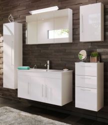 Badezimmer Badmöbel Set Teramo in weiß Hochglanz 7-teilig inkl. Waschtisch und LED 200 x 190 cm