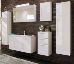 Badezimmer Badmöbel Set Teramo in weiß Hochglanz 8-teilig inkl. Waschtisch und LED 250 x 190 cm