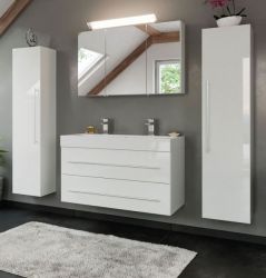 Badezimmer Badmöbel Set Livono in weiß Hochglanz 6-teilig inkl. Doppelwaschtisch und LED 200 x 190 cm