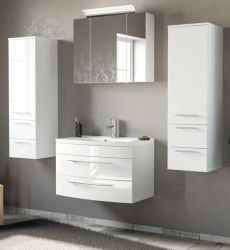 Badezimmer Badmöbel Set Luna in weiß Hochglanz 6-teilig inkl. Waschbecken und LED 180 x 190 cm